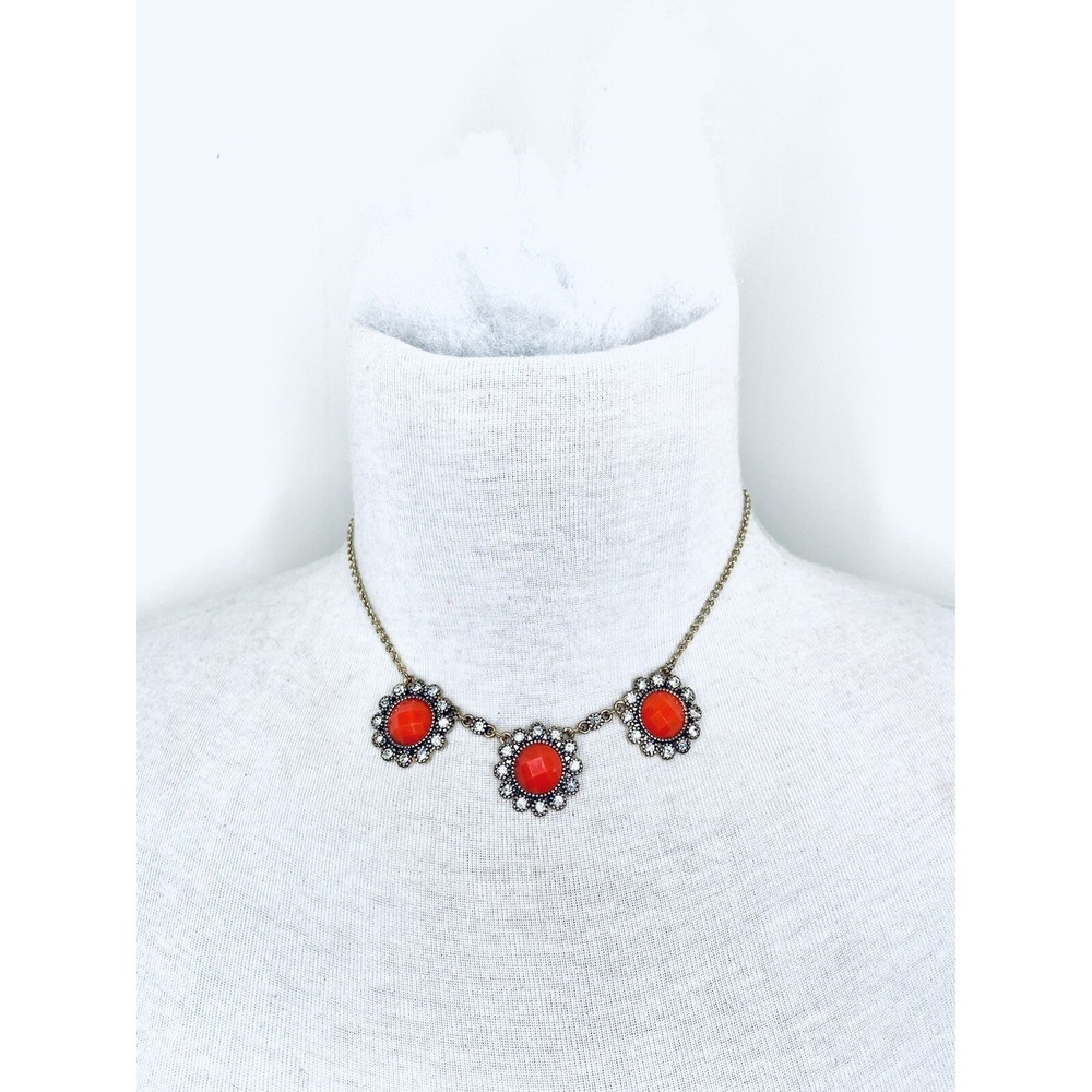 Monet Orange Cabochon Rhinestone Flower Statement Necklace Gold Tone Vintage
